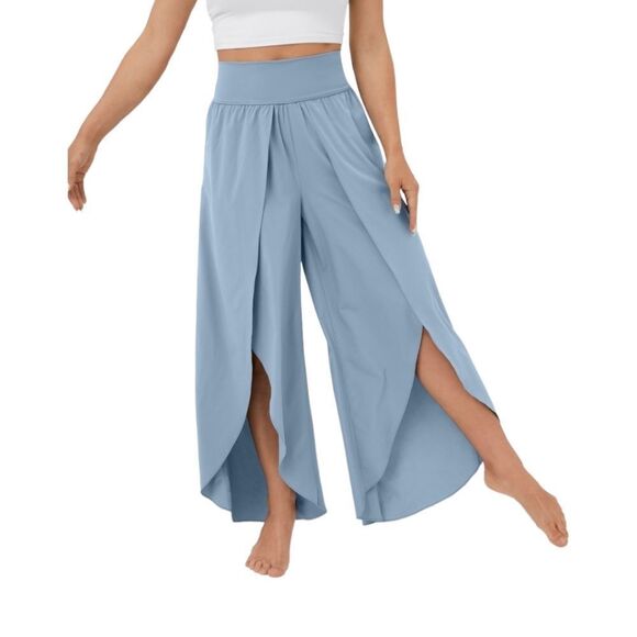 High Waisted Back Waistband Pocket Palazzo Flowy Split Wide Leg Casual Pants Ice - Picture 1 of 11